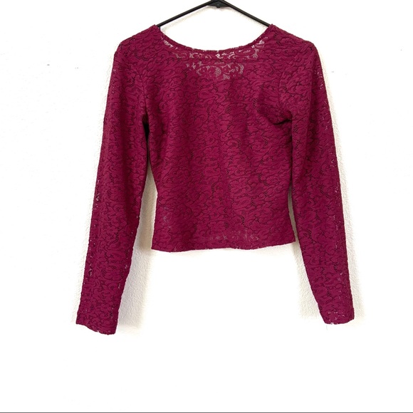 Vintage Maroon Long Sleeve Lace Crop Top M - Picture 3 of 5